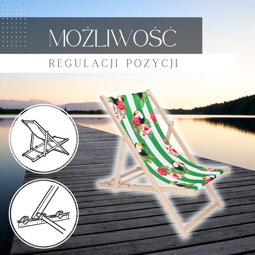 Leżak ogrodowy, drewniany z 3-stopniową regulacją, plażowy, balkonowy, biało-zielony