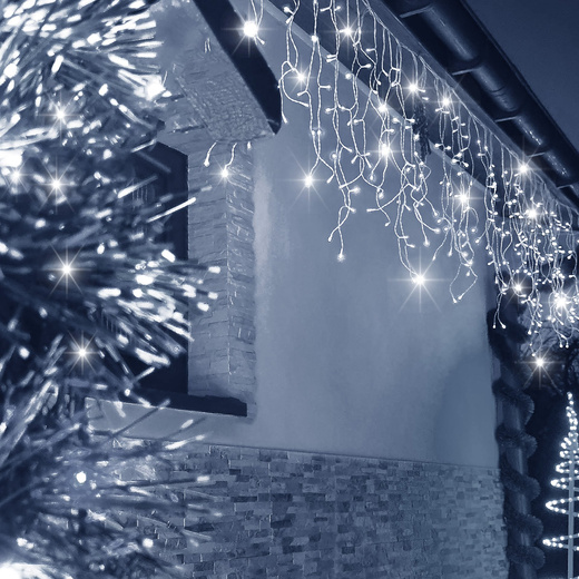 Kurtyna świetlna 14,5 m girlanda, lampki wewnętrzno-zewnętrzne 300 led sople zimny biały z flash