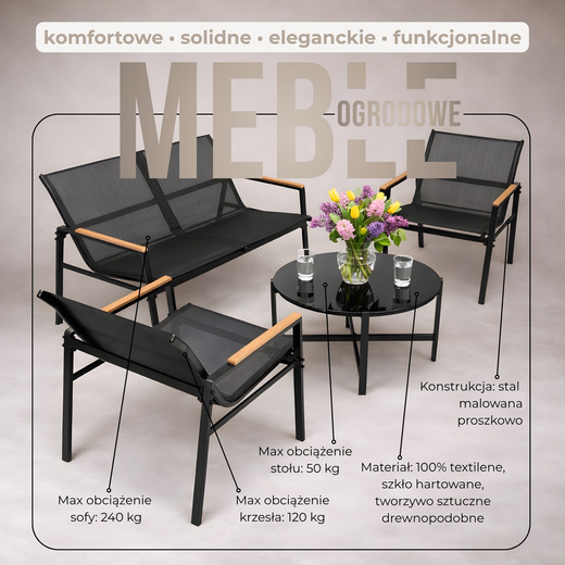 Meble ogrodowe, zestaw dla 4 osób sofa, krzesła, stolik metalowe, czarne