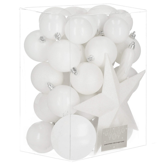 Bombki choinkowe 33 szt. ozdoby świąteczne zestaw z gwiazdą białe