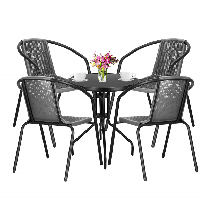 Meble ogrodowe metalowe 4 krzesła i stół ze szklanym blatem zestaw ogrodowy czarno-szary