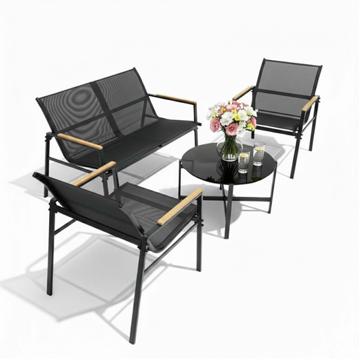 Meble ogrodowe, zestaw dla 4 osób sofa, krzesła, stolik metalowe, czarne