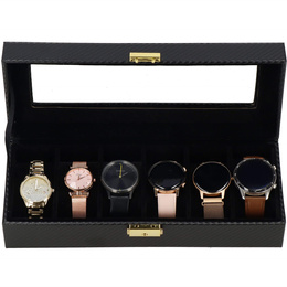 Szkatułka na zegarki 30x11x8 cm czarna ekoskóra organizer z 6 przegródkami
