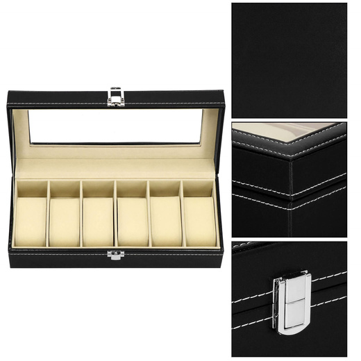 Szkatułka na zegarki 30x11x8 cm czarno-kremowy, ekoskóra organizer z przegródkami i okienkiem