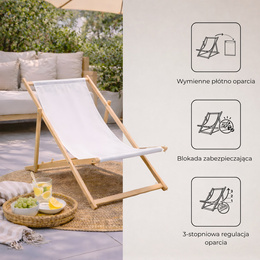 Leżak ogrodowy, drewniany z 3-stopniową regulacją, plażowy, balkonowy, biały
