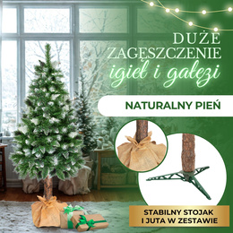 Choinka na pniu 140 cm sztuczna sosna diamentowa ośnieżona premium ze stojakiem i jutą
