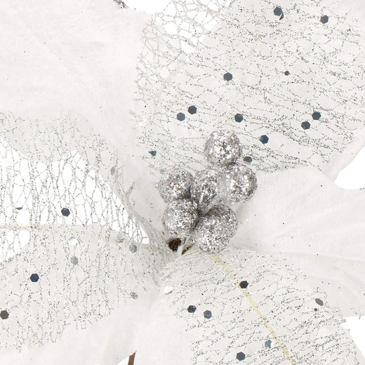 Gwiazda betlejemska 23 cm sztuczny kwiat, poinsecja biała z brokatem