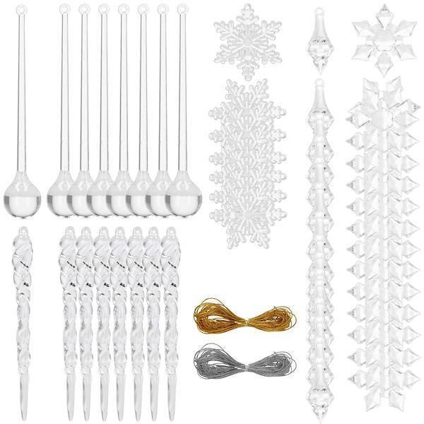 Zawieszka choinkowa 53 szt. akrylowa, świąteczna zawieszka sopel, śnieżynka, łezka przezroczysty