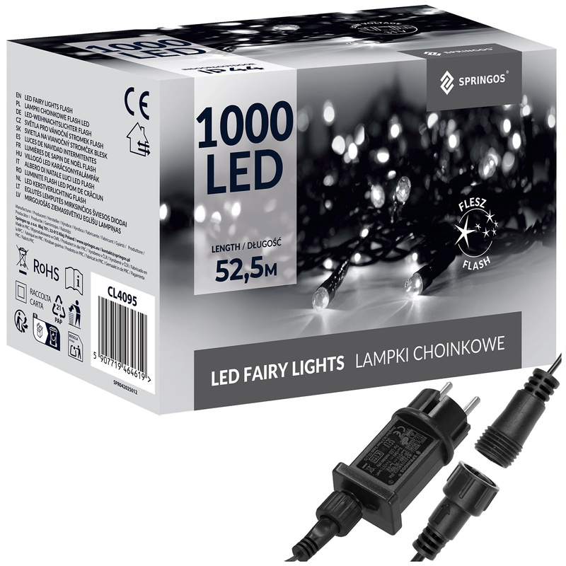 Lampki choinkowe 1000 led zimny biały + flash 50m oświetlenie świąteczne IP44