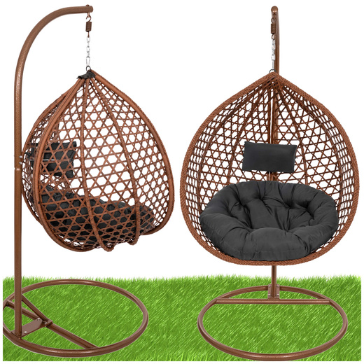 Kokon ogrodowy rattanowy z poduszkami fotel wiszący bujak huśtawka na metalowym stelażu brązowa
