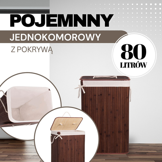 Bambusowy kosz na pranie 80 L z pokrywą ciemny brązowy