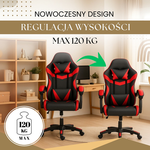 Fotel gamingowy, biurowy z regulacją nachylenia oparcia, krzesło obrotowe dla gracza, ekoskóra, czarno-czerwony