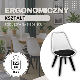 Krzesło skandynawskie do kuchni salonu jadalni Verde tapicerowana poduszka biało-czarne