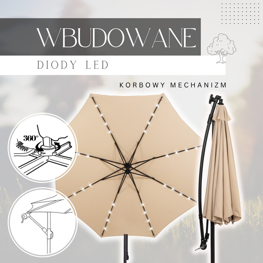 Parasol ogrodowy z oświetleniem led na wysięgniku 300 cm składany na balkon, taras ecru 