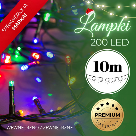 Lampki choinkowe 200 led multikolor 10m oświetlenie świąteczne IP44