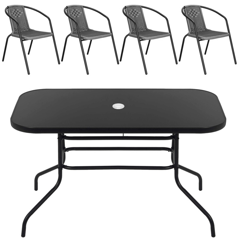 Meble ogrodowe zestaw na taras dla 4 osób: metalowe 4 krzesła i stół 140x80 cm czarno-szary