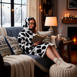 Kocobluza damska oversize koc bluza 2w1 z kapturem ciepła szlafrok futrzak czarno-biały