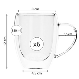 Szklanki termiczne do latte kawy i herbaty 6 szt. 350 ml z uchwytem i podwójnym dnem