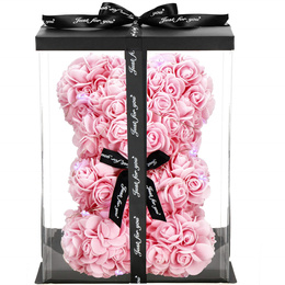 Miś z płatków róż różowy 22 cm rose bear z lampkami LED biały zimny