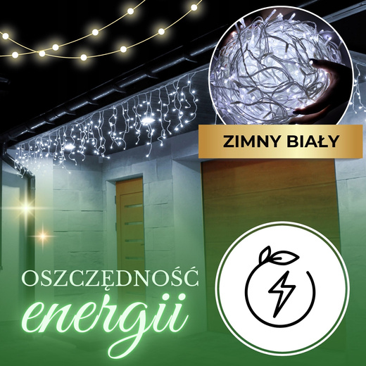 Kurtyna świetlna 1500 led girlanda, lampki wewnętrzno-zewnętrzne sople zimny biały