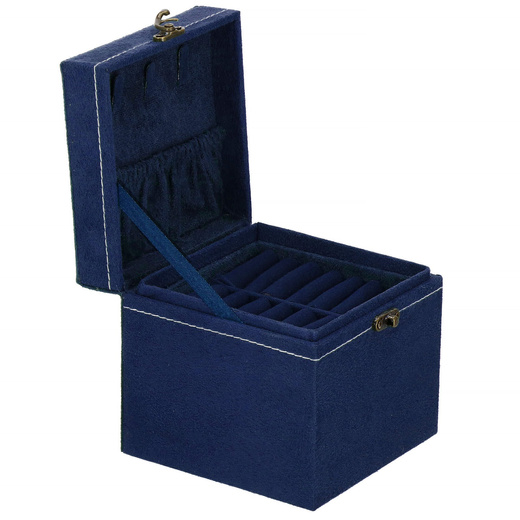 Szkatułka na biżuterię ekoskóra 12x12x12 cm granatowy, welurowy organizer z przegródkami