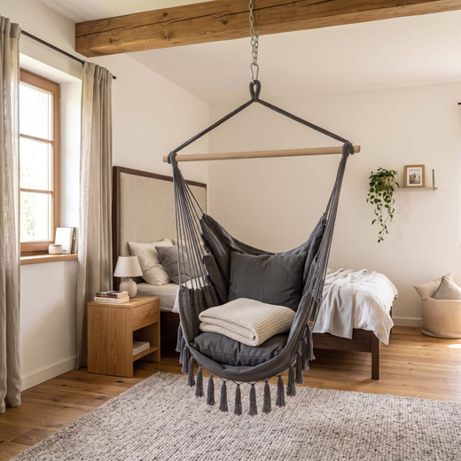 Hamak brazylijski z poduszkami fotel wiszący krzesło boho szare
