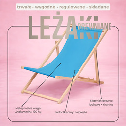 Leżak ogrodowy, drewniany z 3-stopniową regulacją, plażowy, balkonowy, niebieski