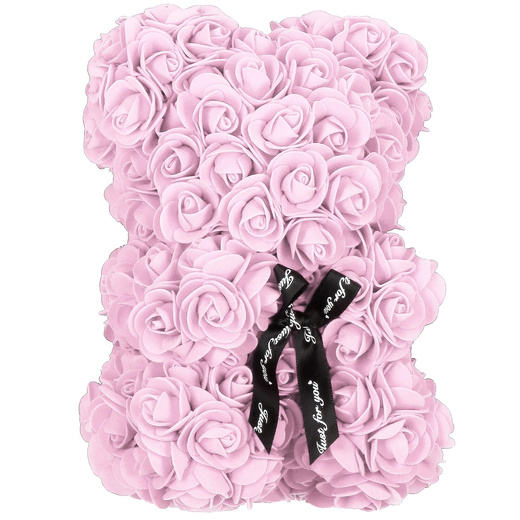 Miś z płatków róż 22 cm rose bear z kokardką i opakowaniem różowy
