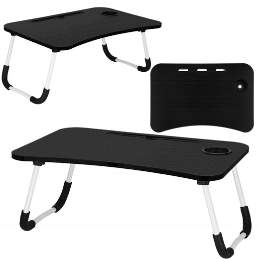Stolik pod laptopa z miejscem na kubek i tablet, składana podstawka na komputer czarna