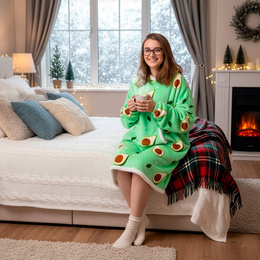 Kocobluza damska oversize koc bluza 2w1 z kapturem ciepła szlafrok futrzak zielony