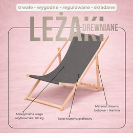 Leżak ogrodowy drewniany z 3-stopniową regulacją, plażowy, balkonowy, grafitowy