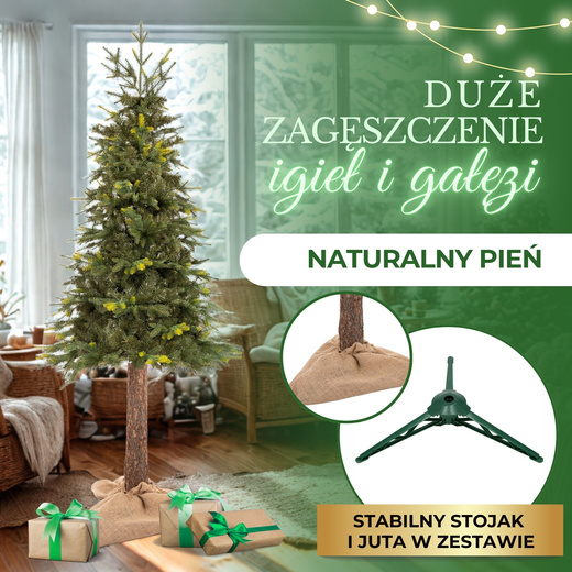 Choinka sztuczna na pniu 220 cm świerk naturalny ze stojakiem nowoczesny