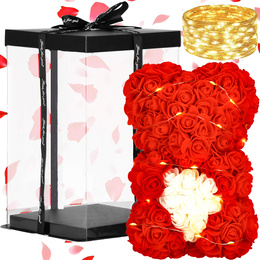 Miś z płatków róż czerwony z sercem, 22 cm rose bear z lampkami LED biały ciepły