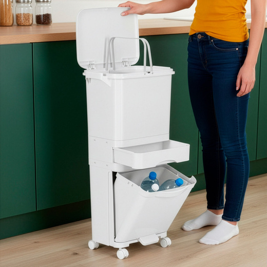 Kosz na śmieci, trzykomorowy 42 l do segregacji odpadów, na kółkach, biały