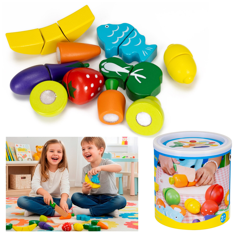 Owoce i warzywa drewniane dla dzieci, nożyk do krojenia, zabawki zestaw 13 el. kolorowe