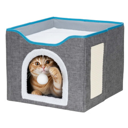 Legowisko dla kota z zabawką i drapakiem 42x41x34 cm koci domek, posłanie szare