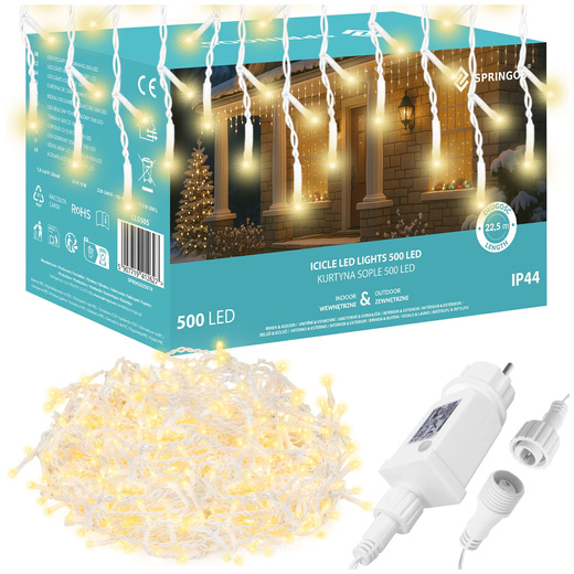 Kurtyna świetlna z pilotem 1000 led girlanda, lampki wewnętrzno-zewnętrzne 45 m sople ciepły biały