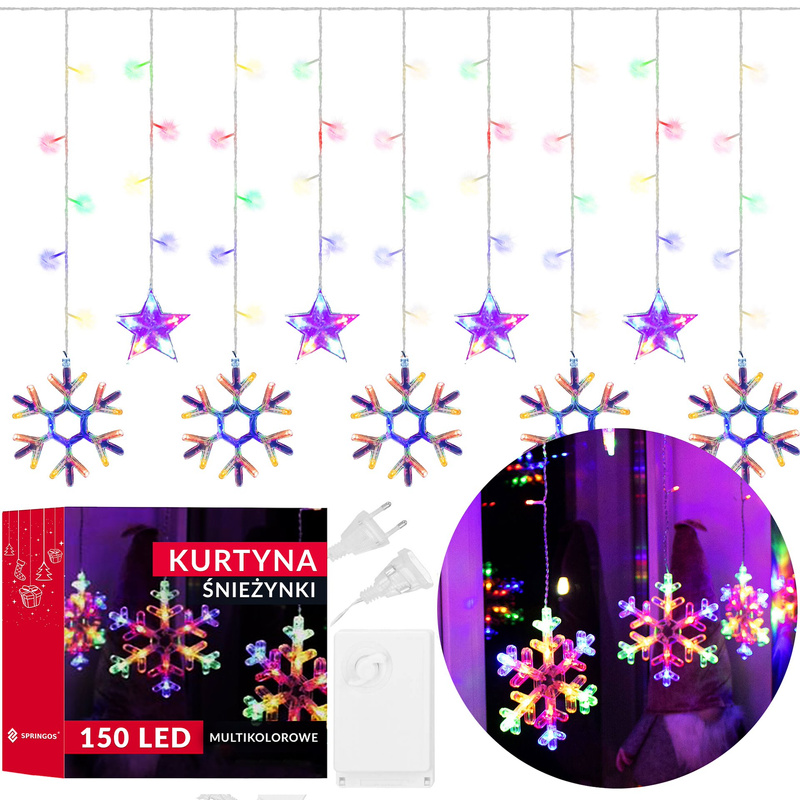 Kurtyna świetlna 150 Led gwiazdki lampki wewnętrzne sople multikolor
