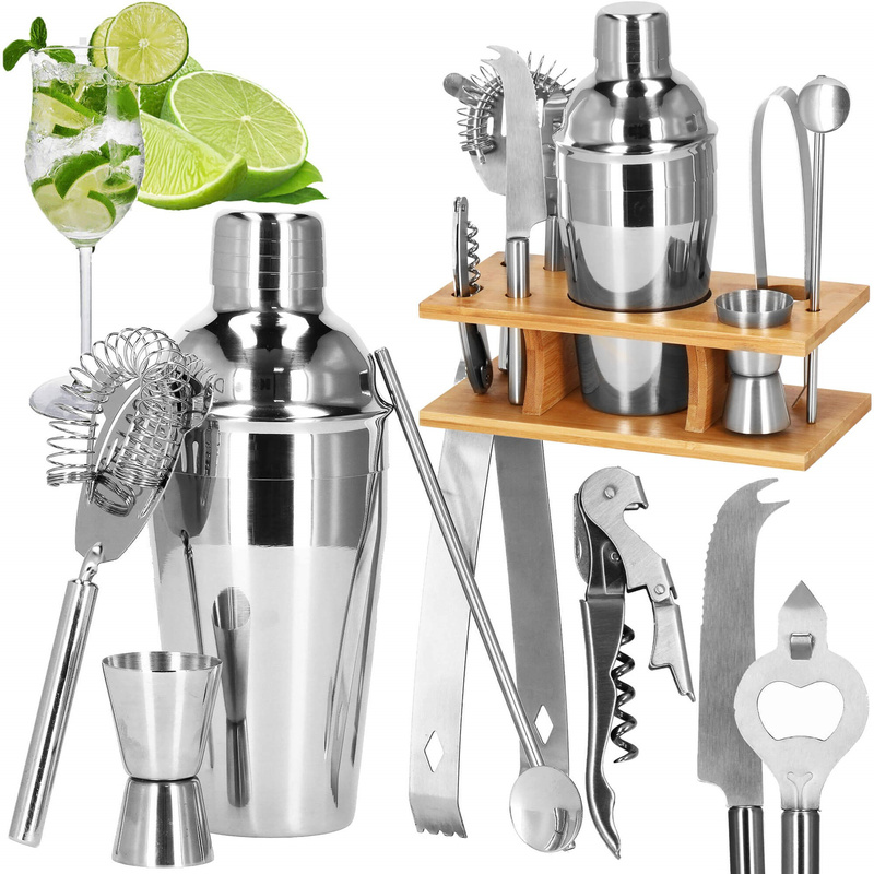 Zestaw barmański 9 elementów shaker 550 ml i podstawka bambusowa, zestaw do drinków srebrny