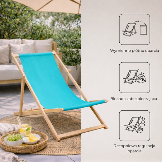Leżak ogrodowy, drewniany z 3-stopniową regulacją, plażowy, balkonowy, turkusowy