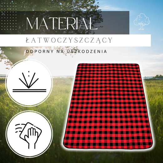 Koc plażowy piknikowy 200x150cm retro mata czerwono-czarna krata