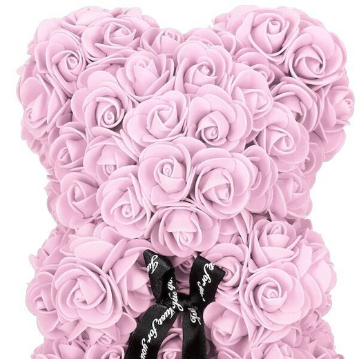 Miś z płatków róż różowy 25 cm rose bear z lampkami LED biały zimny