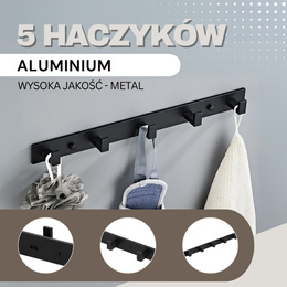 Wieszak łazienkowy ścienny z 5 haczykami do przedpokoju, kuchni aluminiowy czarny