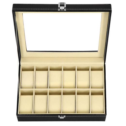 Szkatułka na zegarki 30x20x8 cm czarno-kremowa, ekoskóra organizer z 12 przegródkami