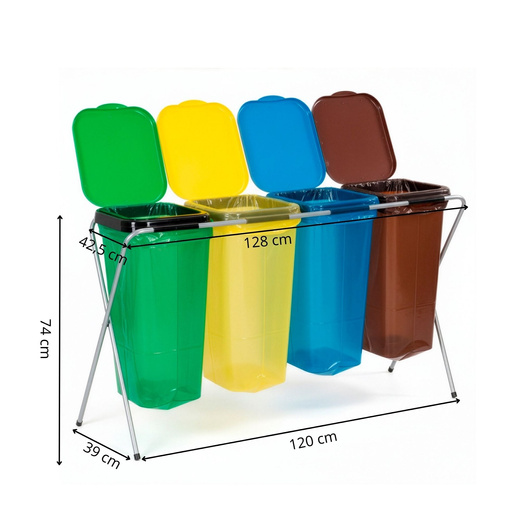 Stojak na worki na śmieci 4 komory kosz do segregacji odpadów, stelaż z pokrywami