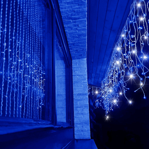 Kurtyna świetlna 500 led girlanda, lampki wewnętrzno-zewnętrzne sople niebieski z zimnym białym flash