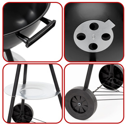 Grill węglowy, zamykany pokrywą okrągły, ruszt 41 cm przenośny, czarno-czerwony