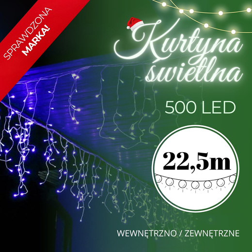 Kurtyna świetlna 500 led girlanda, lampki wewnętrzno-zewnętrzne sople niebieski
