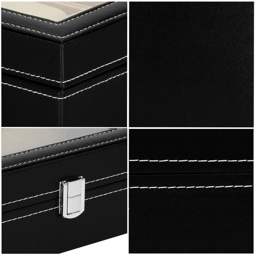 Szkatułka na zegarki 30x11x8 cm czarno-kremowy, ekoskóra organizer z przegródkami i okienkiem