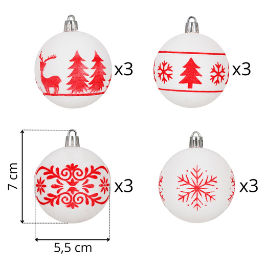 Bombki choinkowe 7 cm 12 szt. zestaw ozdoby świąteczne zdobione matowe, białe z wzorami